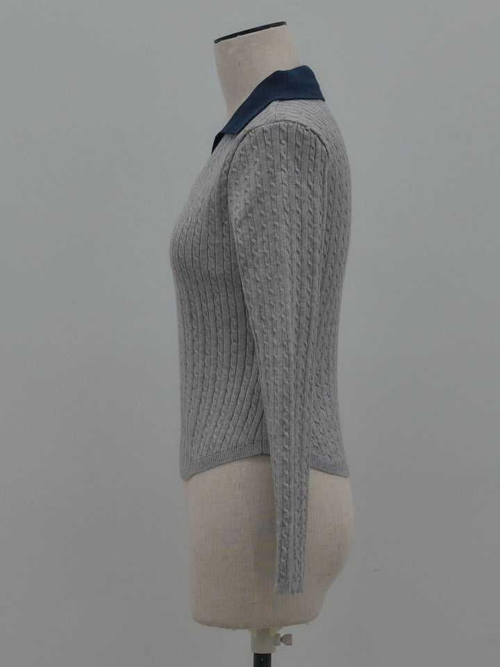 配色Vネックケーブルニットトップス