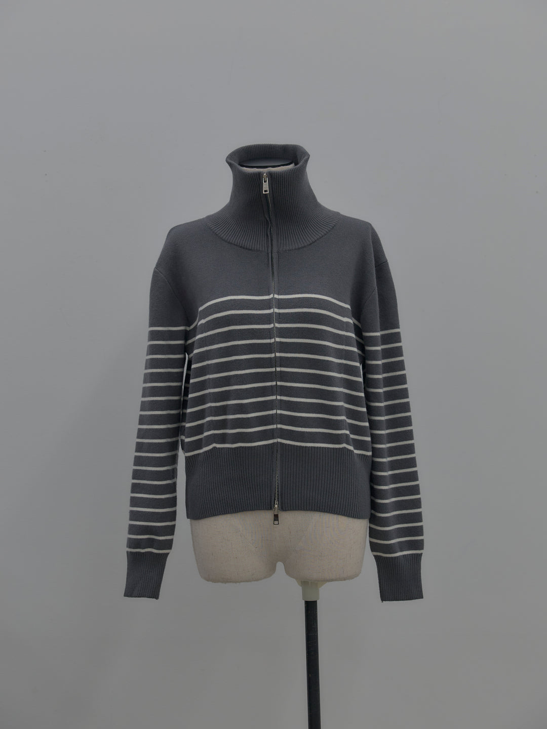 ダブルZIPハイネックボーダーニットトップス