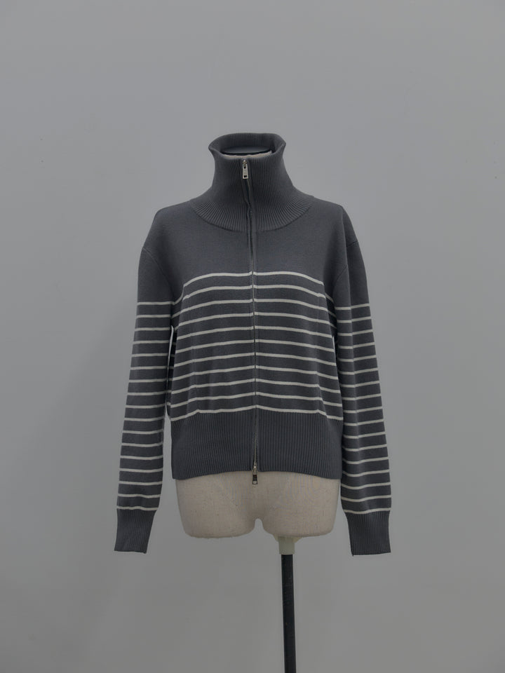 ダブルZIPハイネックボーダーニットトップス