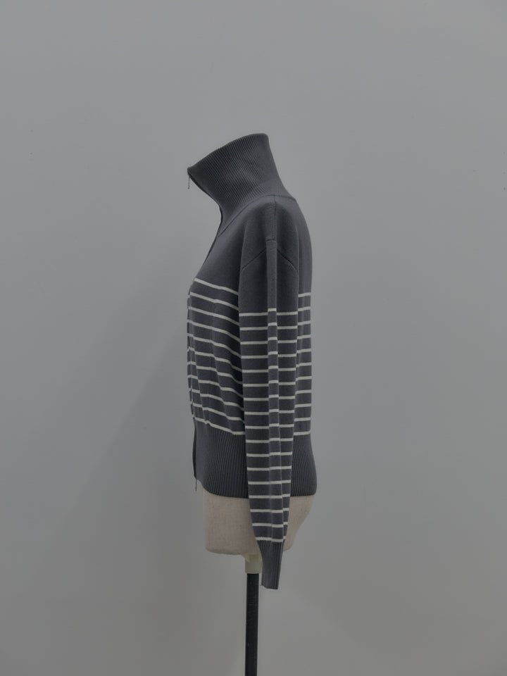 ダブルZIPハイネックボーダーニットトップス