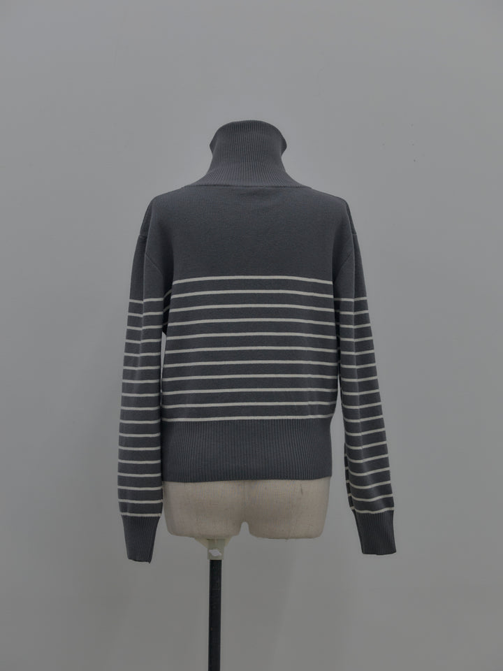 ダブルZIPハイネックボーダーニットトップス