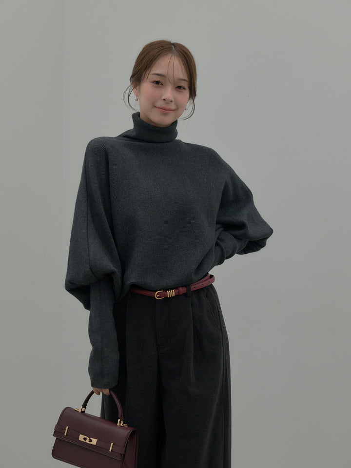 【SET】ドルマンハイネックニットトップス+センタータックウールタッチパンツ(2set)