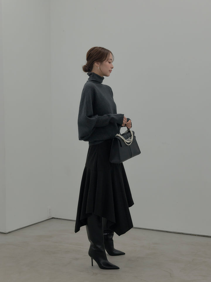 【SET】ドルマンハイネックニットトップス+ミディ丈アシンメトリーフレアスカート(2set)