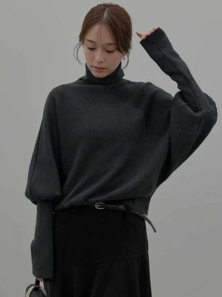 【SET】ドルマンハイネックニットトップス+ミディ丈アシンメトリーフレアスカート(2set)