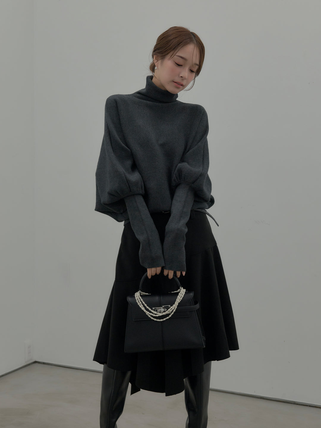 【SET】ドルマンハイネックニットトップス+ミディ丈アシンメトリーフレアスカート(2set)