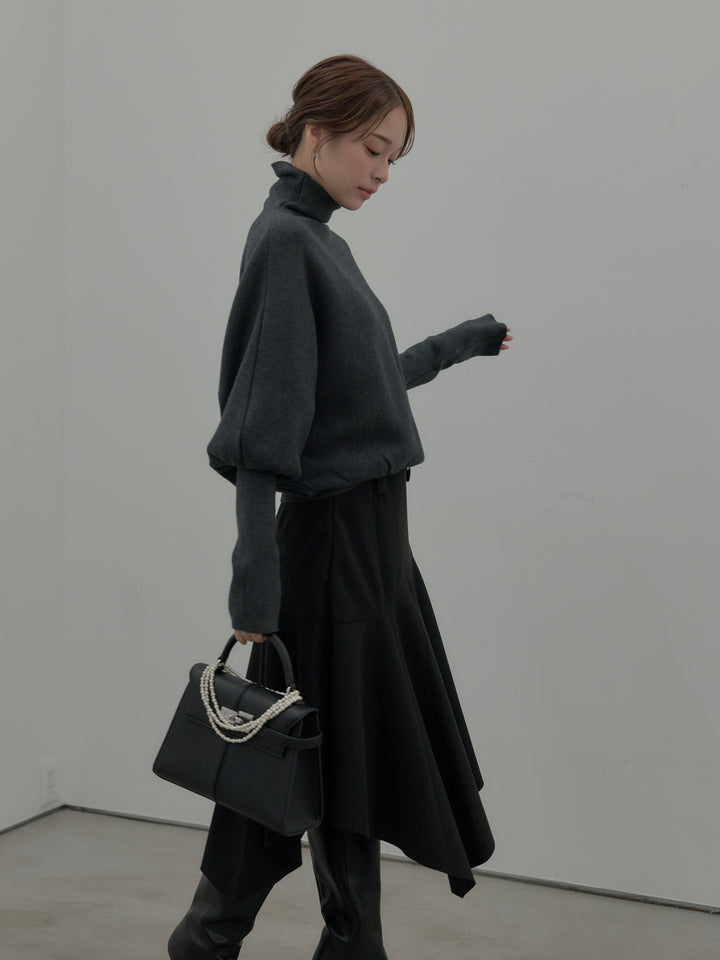 【SET】ドルマンハイネックニットトップス+ミディ丈アシンメトリーフレアスカート(2set)