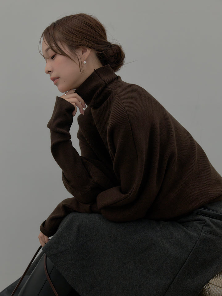 【SET】ドルマンハイネックニットトップス+ミディ丈アシンメトリーフレアスカート(2set)