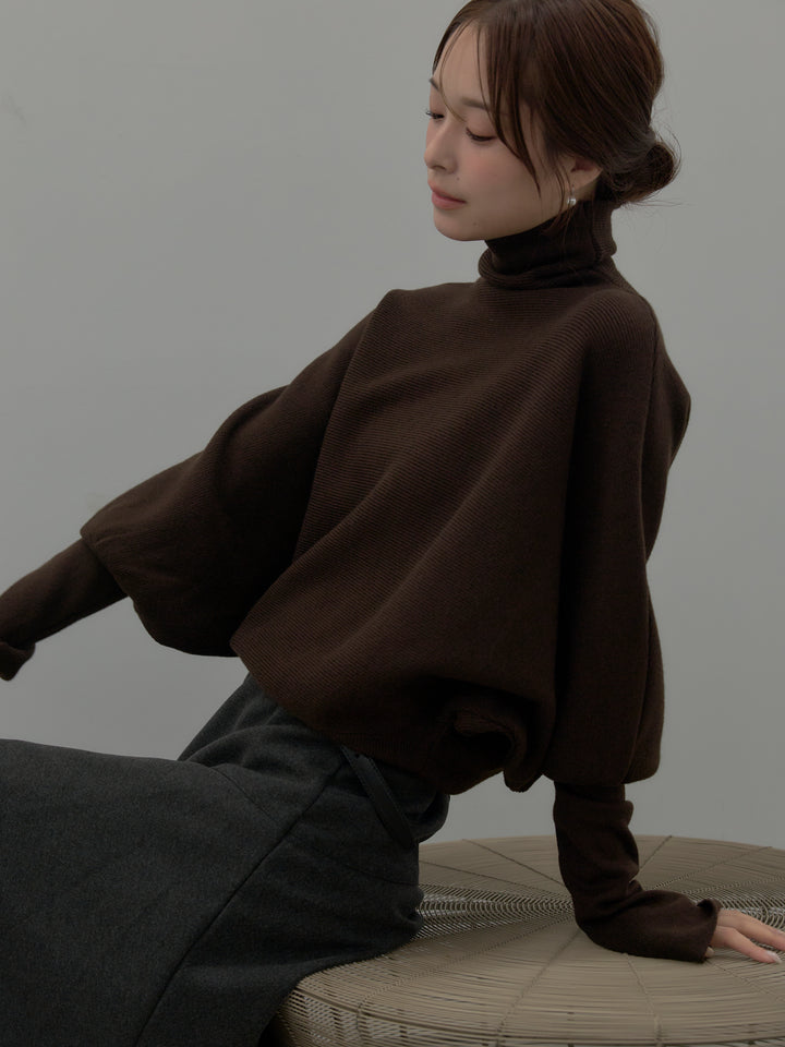 【SET】ドルマンハイネックニットトップス+ミディ丈アシンメトリーフレアスカート(2set)