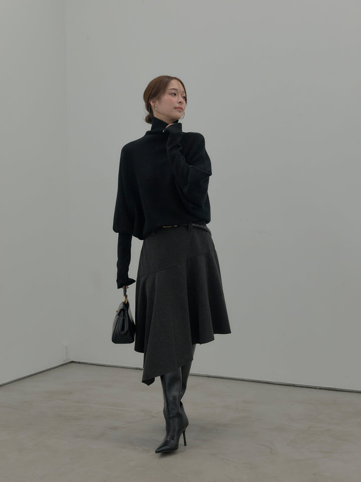 【SET】ドルマンハイネックニットトップス+ミディ丈アシンメトリーフレアスカート(2set)