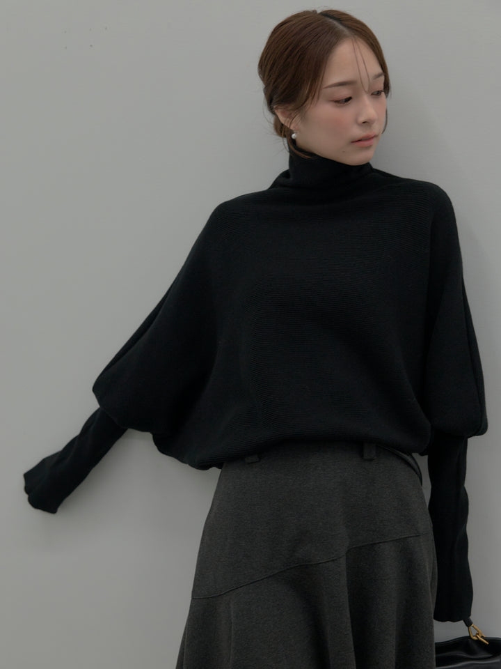 【SET】ドルマンハイネックニットトップス+ミディ丈アシンメトリーフレアスカート(2set)