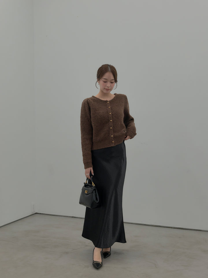 【SET】プードルニットパフスリーブカーディガン+ナローAラインサテンスカート(2set)