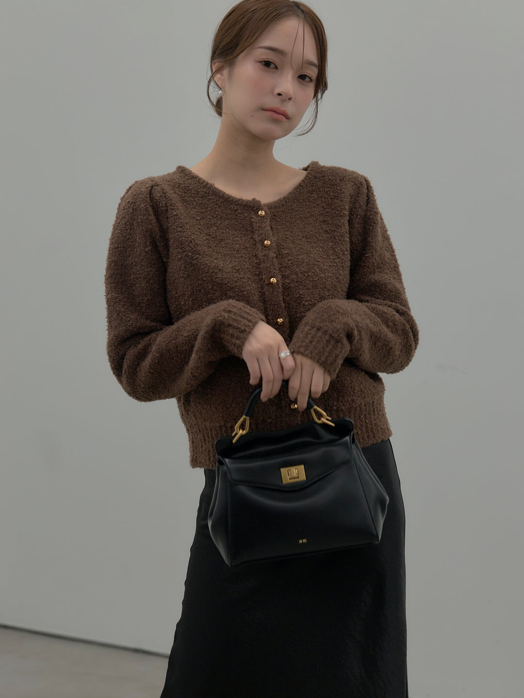 【SET】プードルニットパフスリーブカーディガン+ナローAラインサテンスカート(2set)