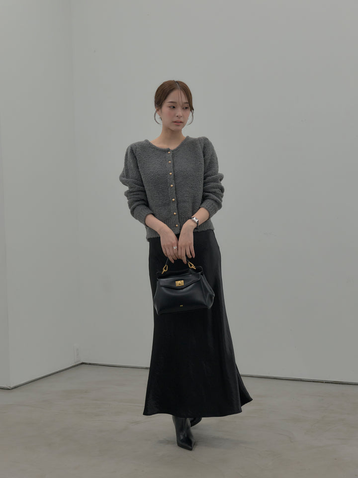 【SET】プードルニットパフスリーブカーディガン+ナローAラインサテンスカート(2set)