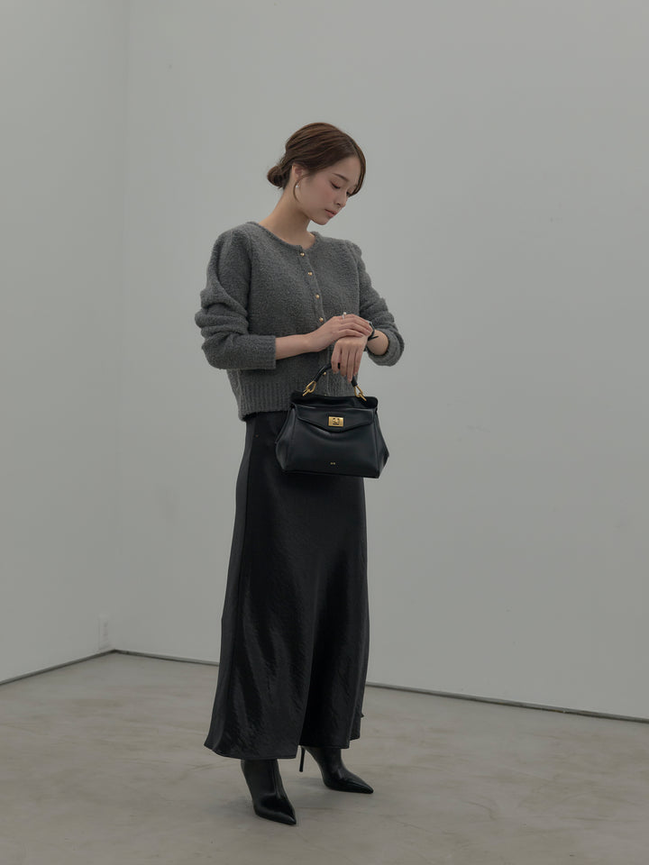 【SET】プードルニットパフスリーブカーディガン+ナローAラインサテンスカート(2set)