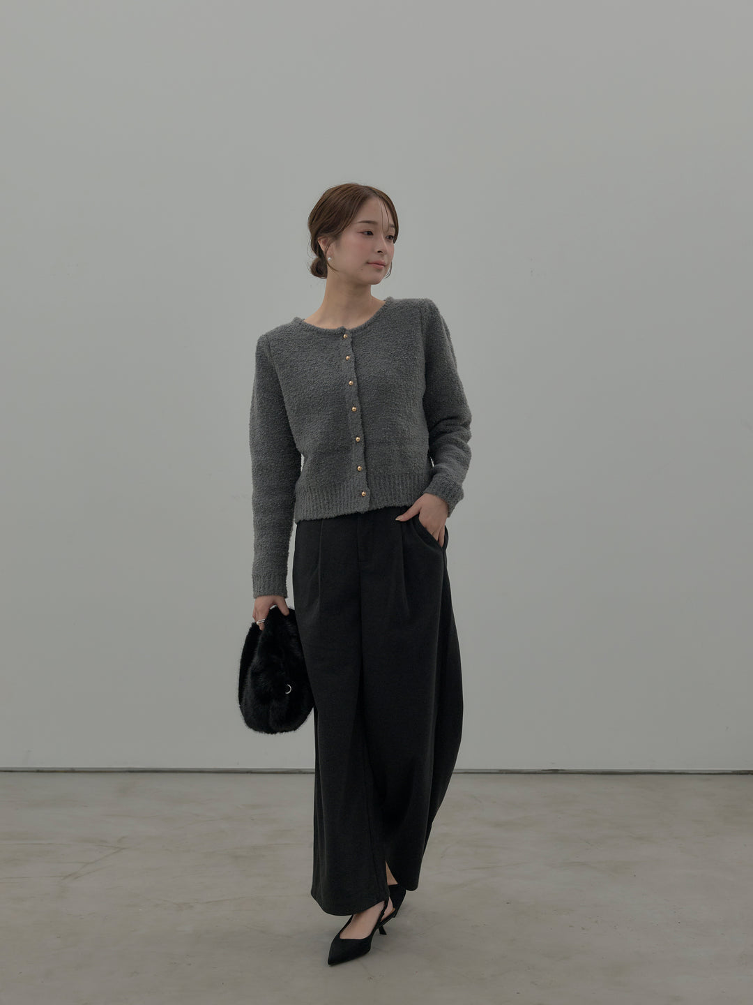 【SET】プードルニットパフスリーブカーディガン+ナローAラインサテンスカート(2set)