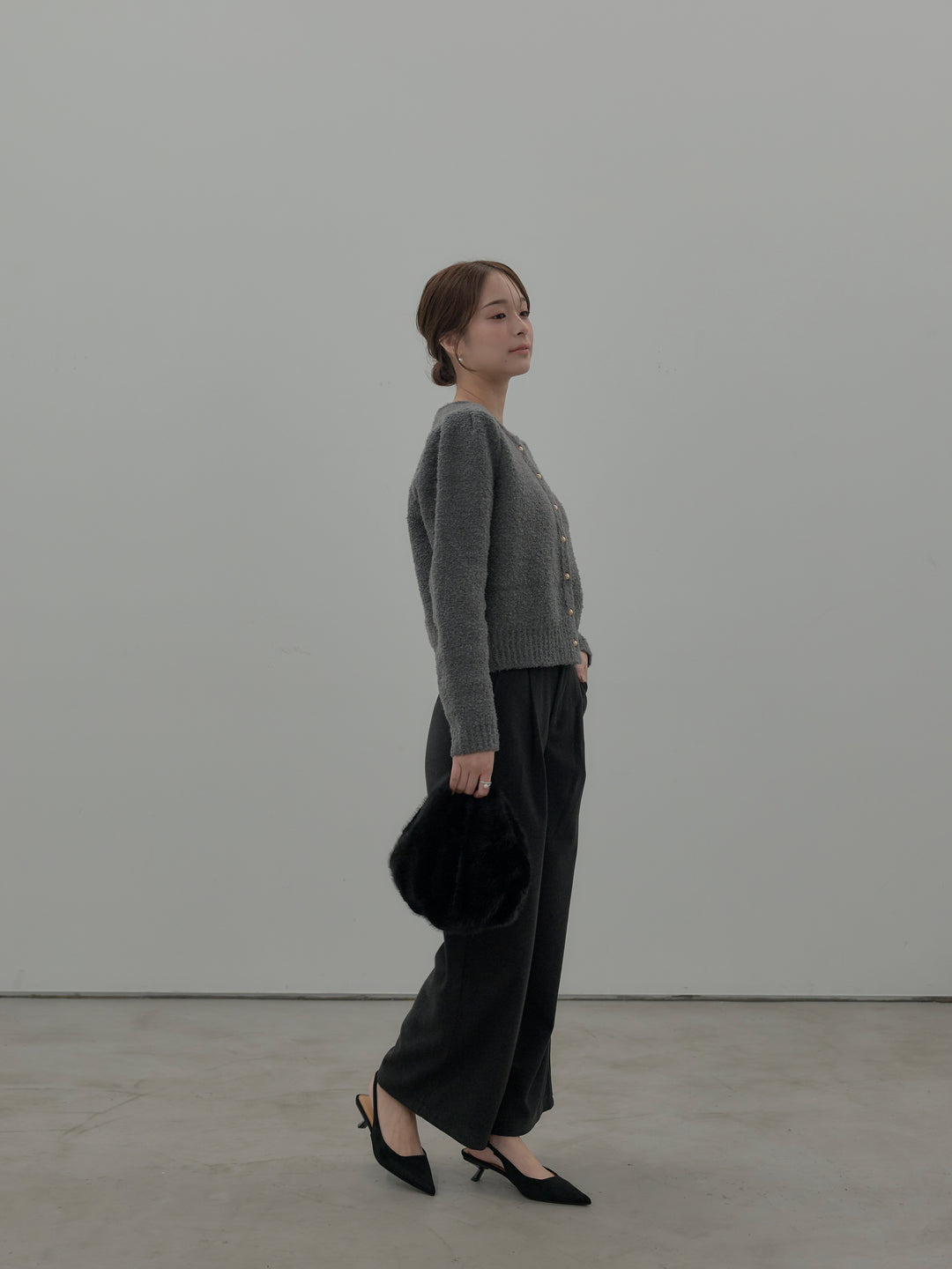 【SET】プードルニットパフスリーブカーディガン+ナローAラインサテンスカート(2set)