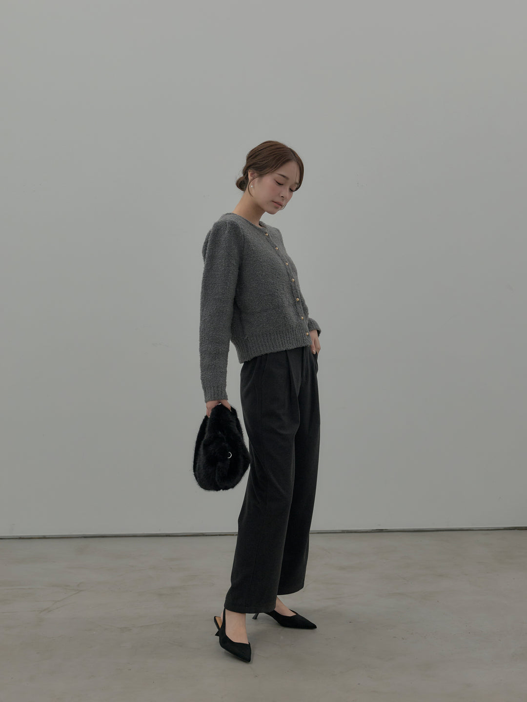 【SET】プードルニットパフスリーブカーディガン+ナローAラインサテンスカート(2set)