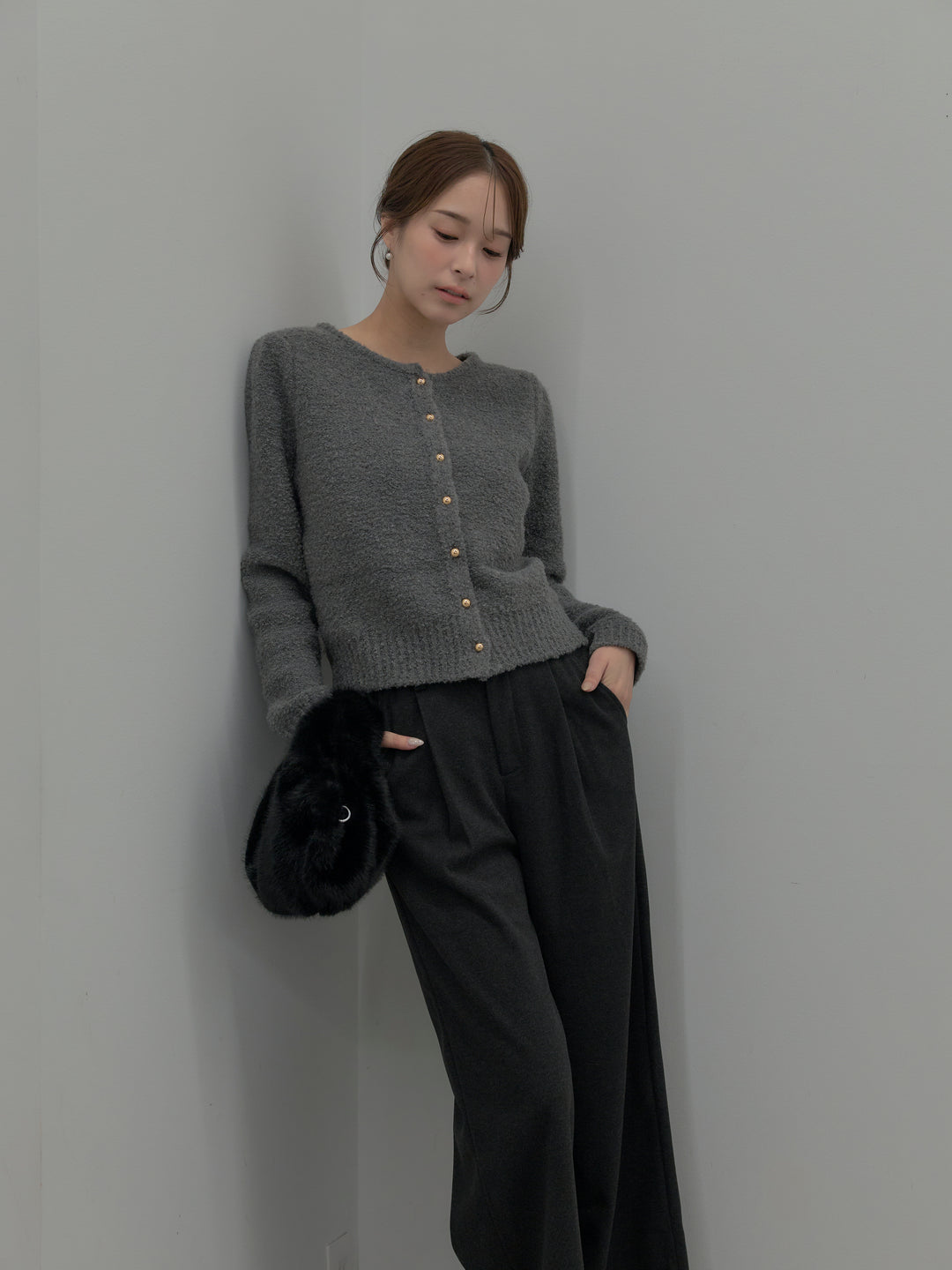 プードルニットパフスリーブカーディガン