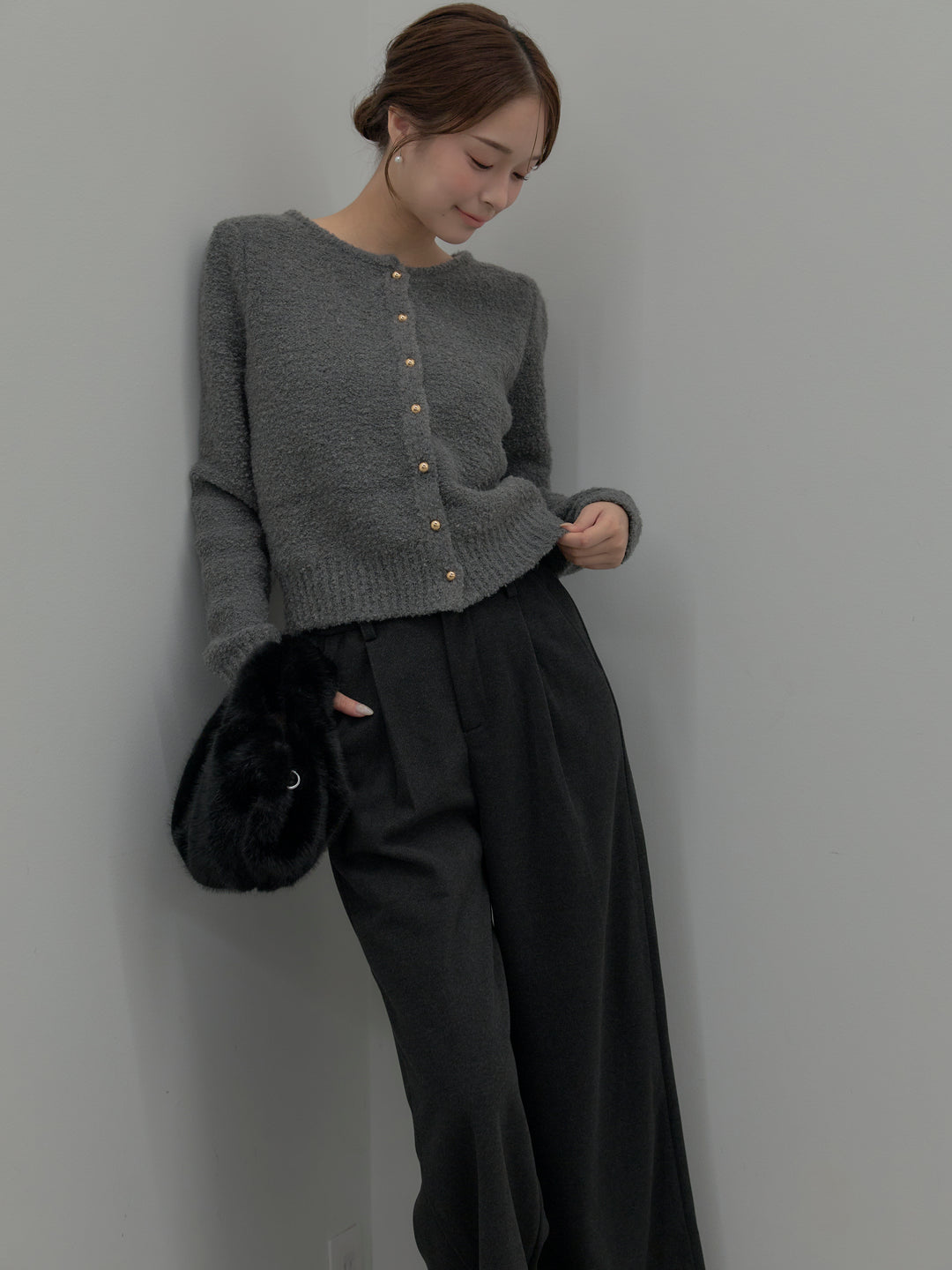 【SET】プードルニットパフスリーブカーディガン+ナローAラインサテンスカート(2set)