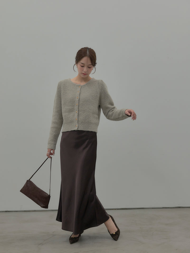 【SET】プードルニットパフスリーブカーディガン+ナローAラインサテンスカート(2set)