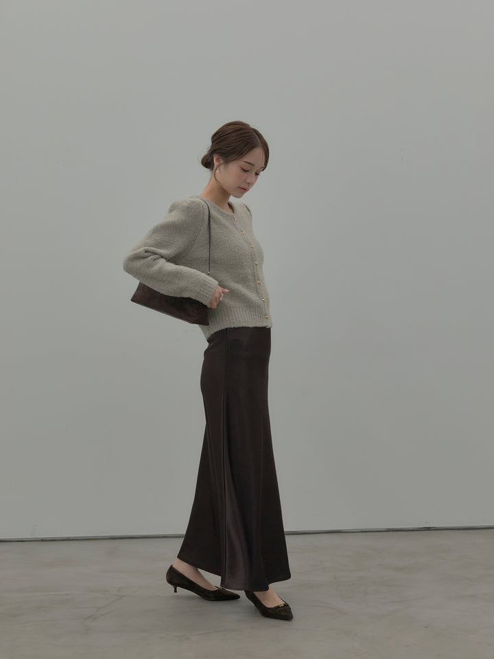 【SET】プードルニットパフスリーブカーディガン+ナローAラインサテンスカート(2set)