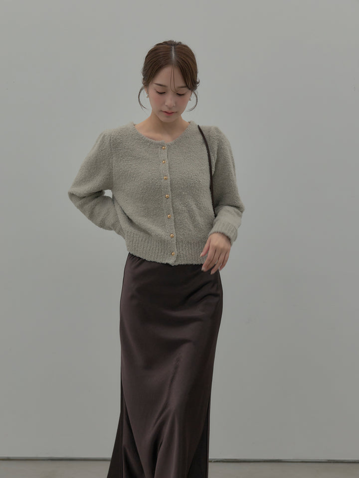 【SET】プードルニットパフスリーブカーディガン+ナローAラインサテンスカート(2set)