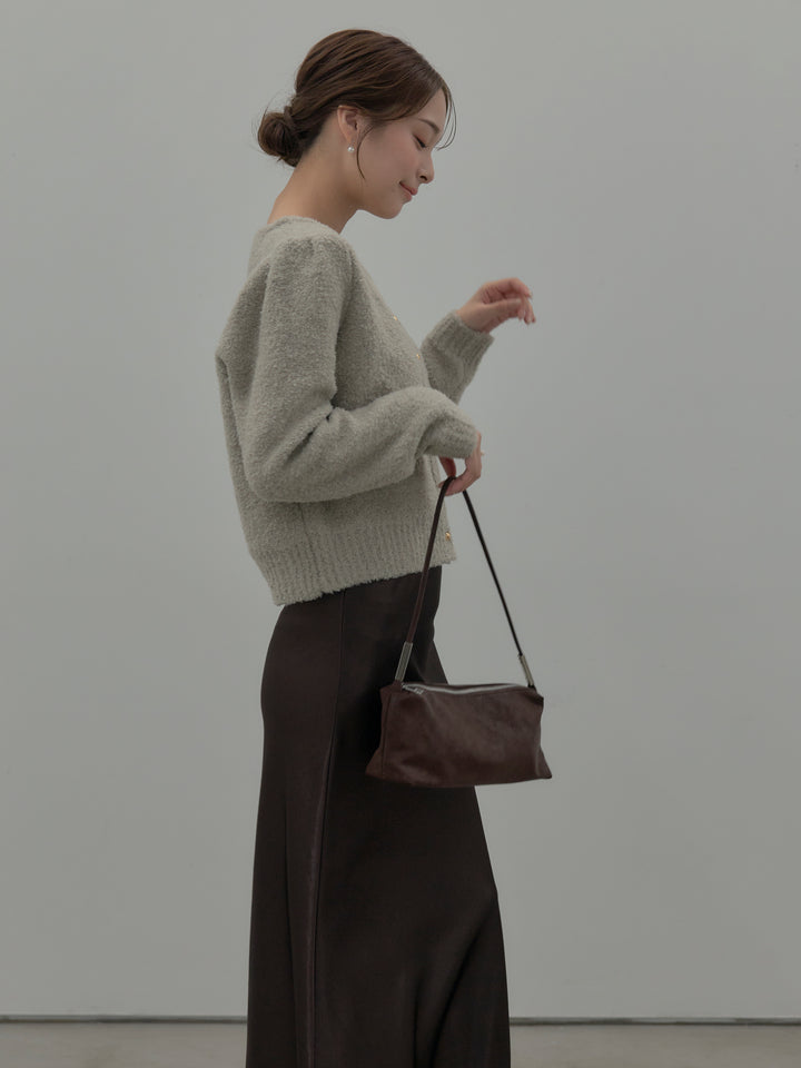 【SET】プードルニットパフスリーブカーディガン+ナローAラインサテンスカート(2set)