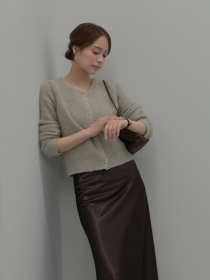 【SET】プードルニットパフスリーブカーディガン+ナローAラインサテンスカート(2set)