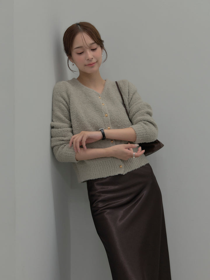 【SET】プードルニットパフスリーブカーディガン+ナローAラインサテンスカート(2set)