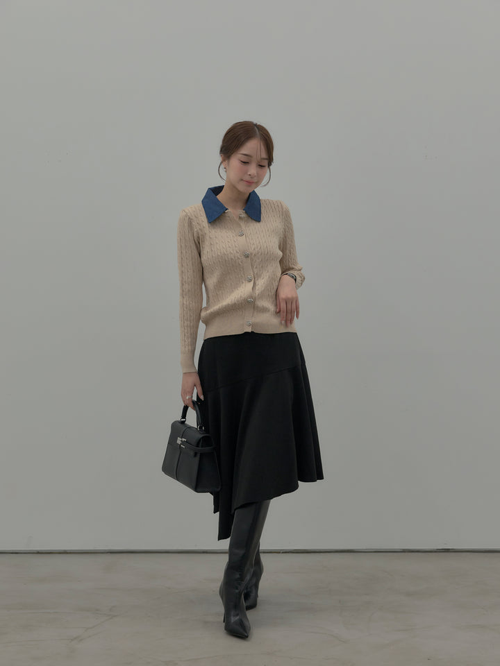 デニム襟アンティークボタンニットトップス