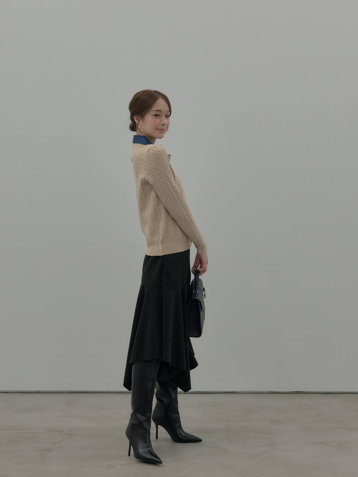 【SET】デニム襟アンティークボタンニットトップス+ミディ丈アシンメトリーフレアスカート(2set)