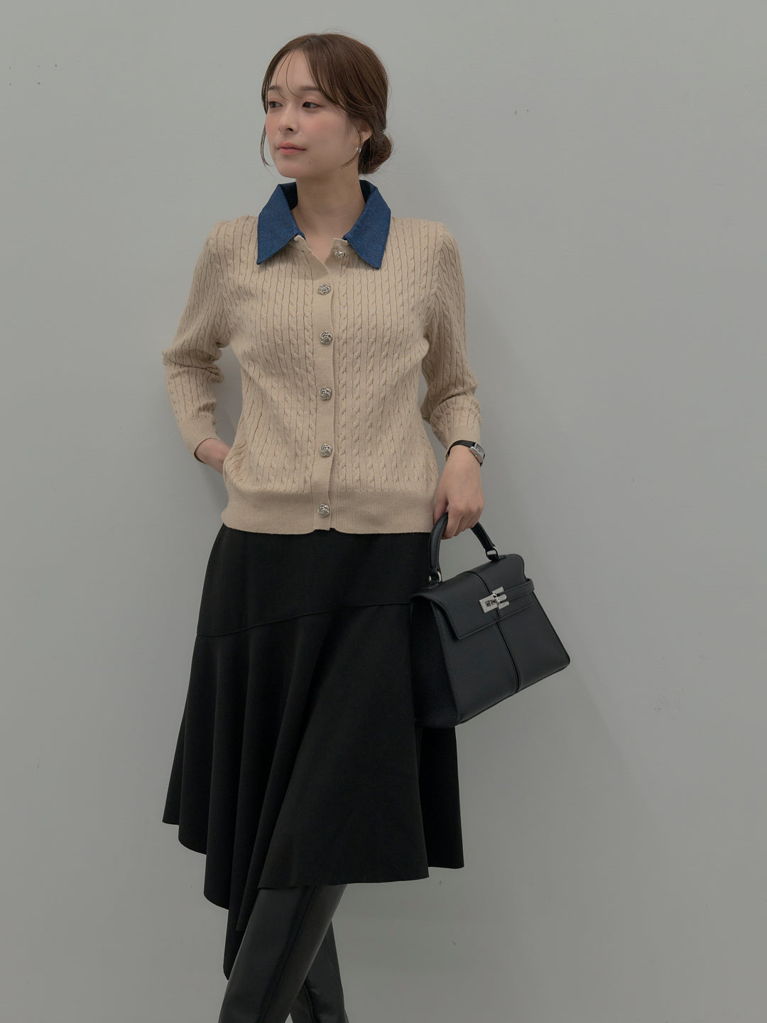 【SET】デニム襟アンティークボタンニットトップス+ミディ丈アシンメトリーフレアスカート(2set)