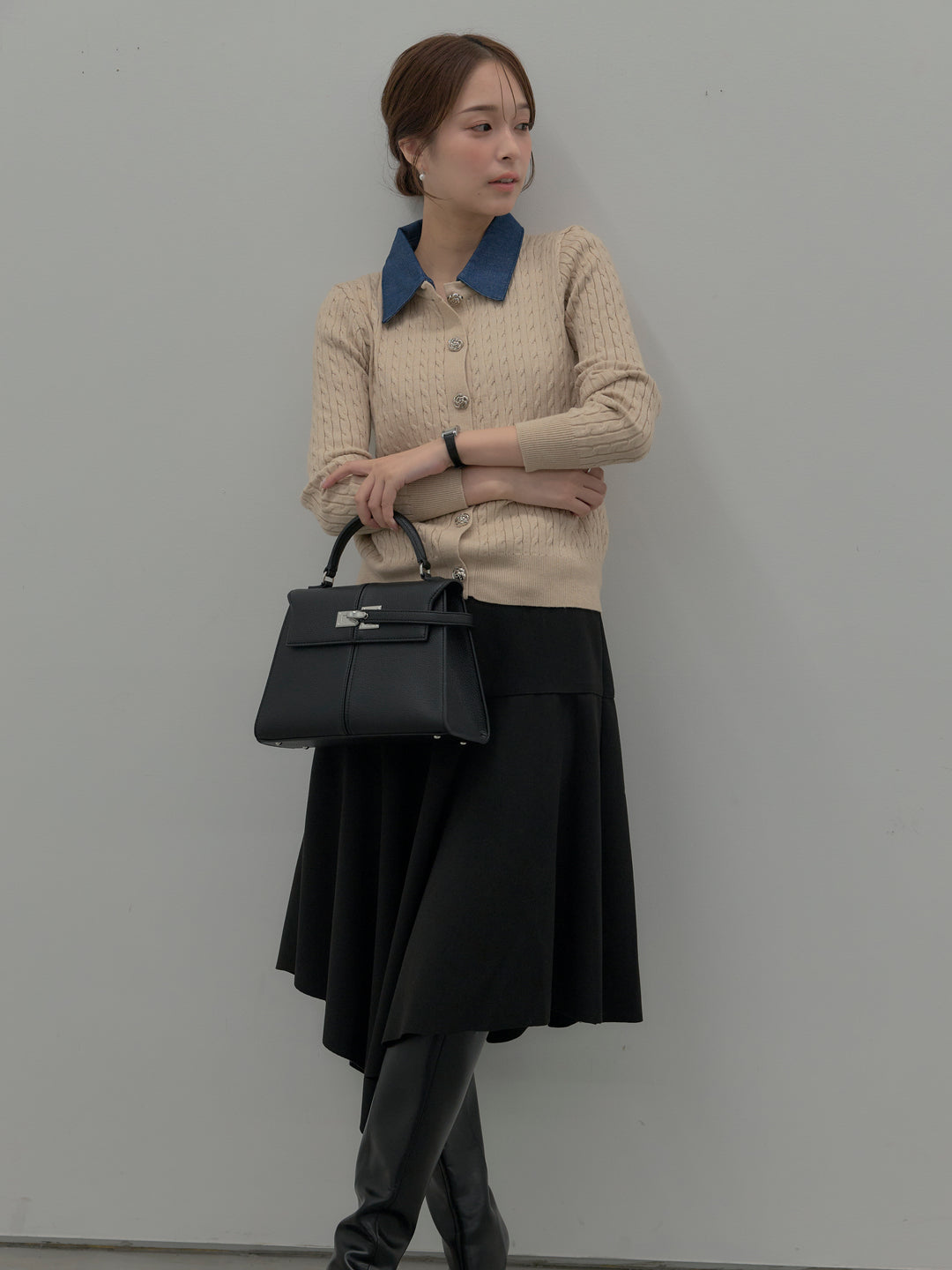 【SET】デニム襟アンティークボタンニットトップス+ミディ丈アシンメトリーフレアスカート(2set)