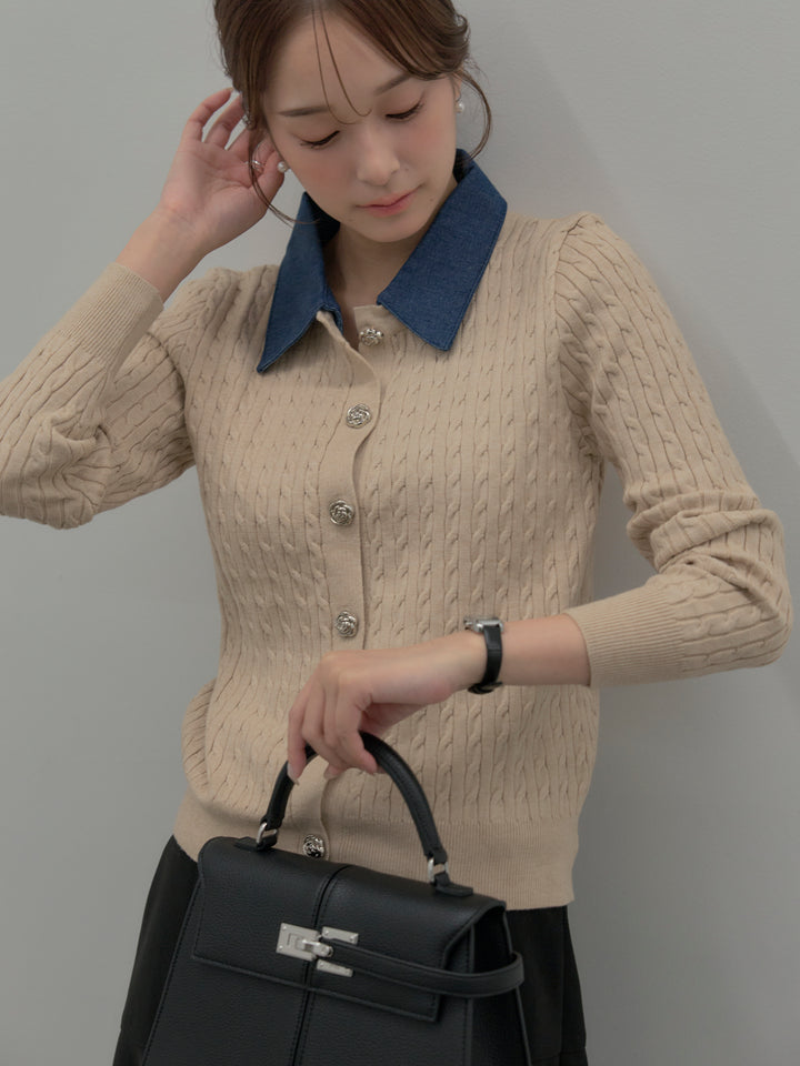 【SET】デニム襟アンティークボタンニットトップス+ミディ丈アシンメトリーフレアスカート(2set)