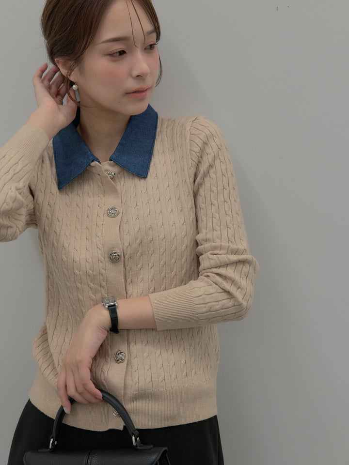 デニム襟アンティークボタンニットトップス