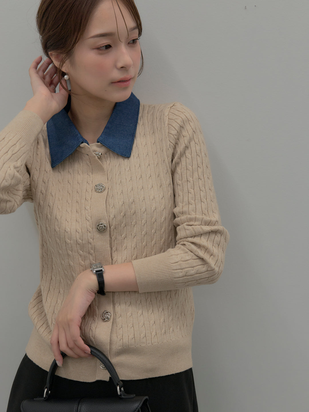 【SET】デニム襟アンティークボタンニットトップス+ミディ丈アシンメトリーフレアスカート(2set)