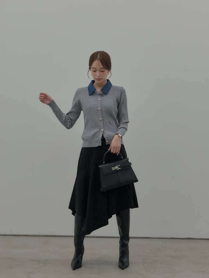 デニム襟アンティークボタンニットトップス