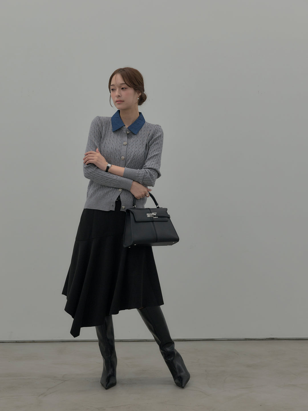 【SET】デニム襟アンティークボタンニットトップス+ミディ丈アシンメトリーフレアスカート(2set)