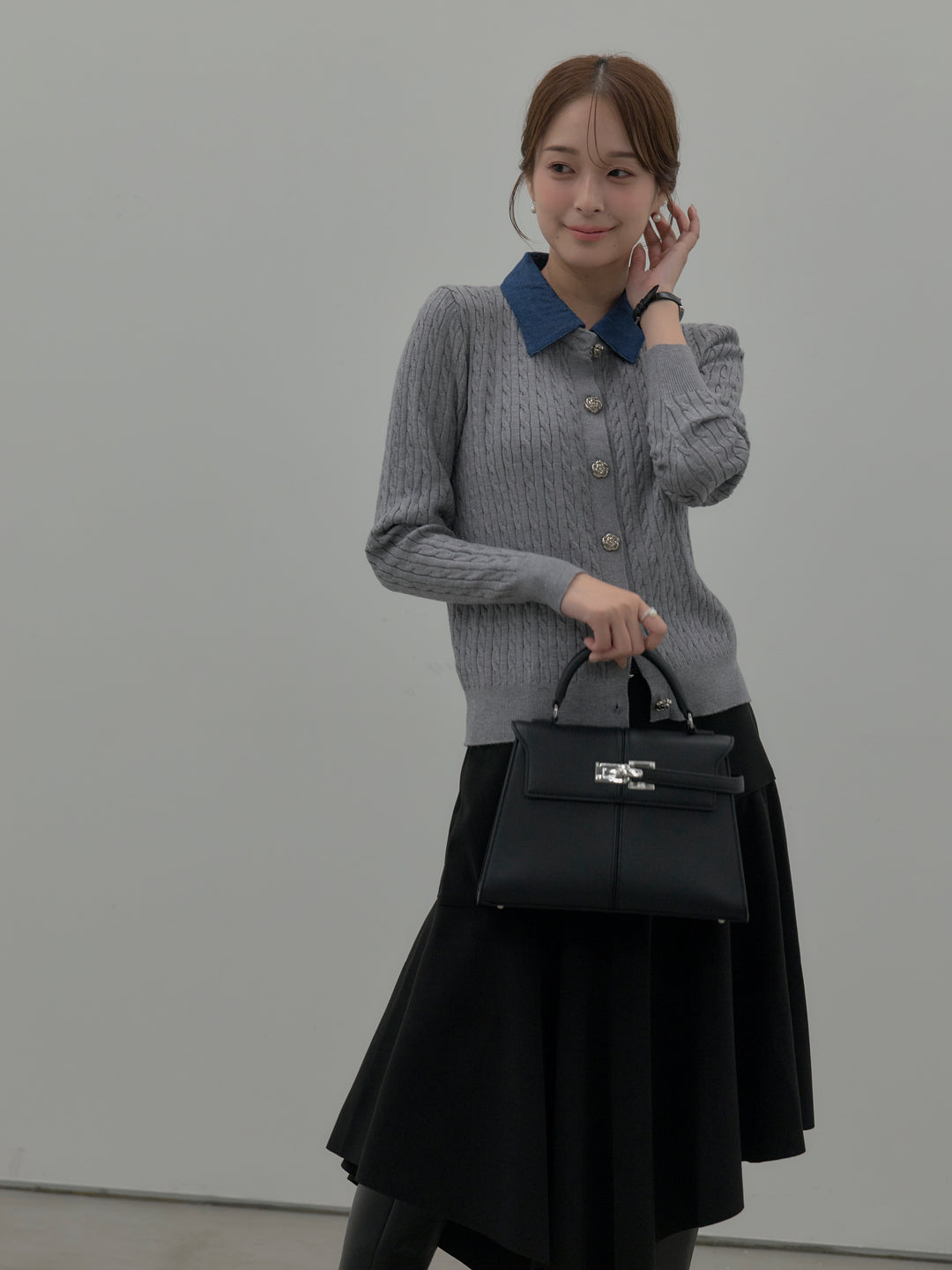 【SET】デニム襟アンティークボタンニットトップス+ミディ丈アシンメトリーフレアスカート(2set)