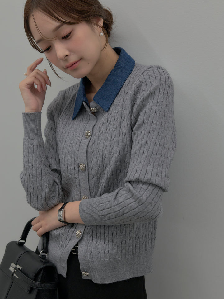 【SET】デニム襟アンティークボタンニットトップス+ミディ丈アシンメトリーフレアスカート(2set)