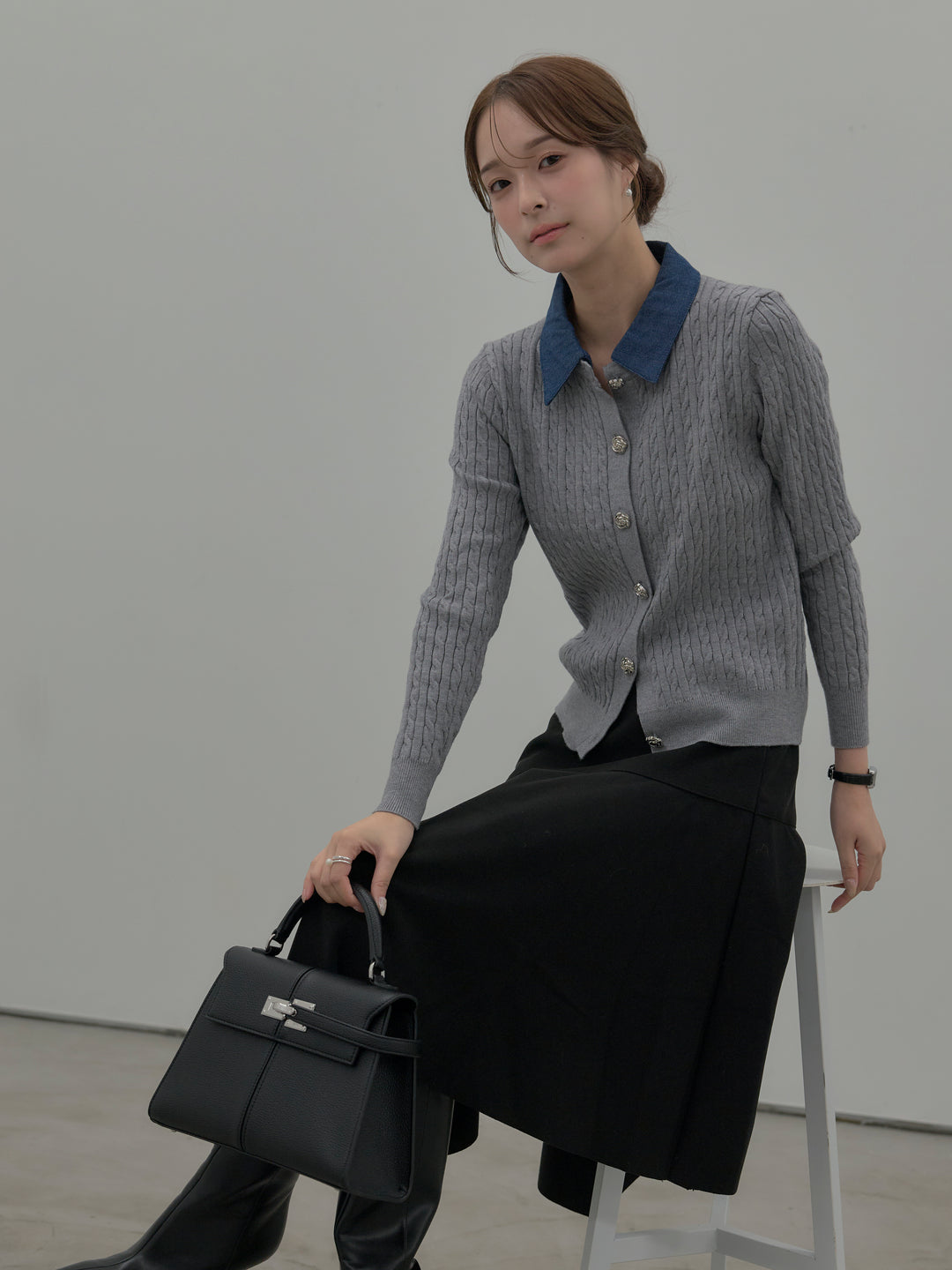 【SET】デニム襟アンティークボタンニットトップス+ミディ丈アシンメトリーフレアスカート(2set)