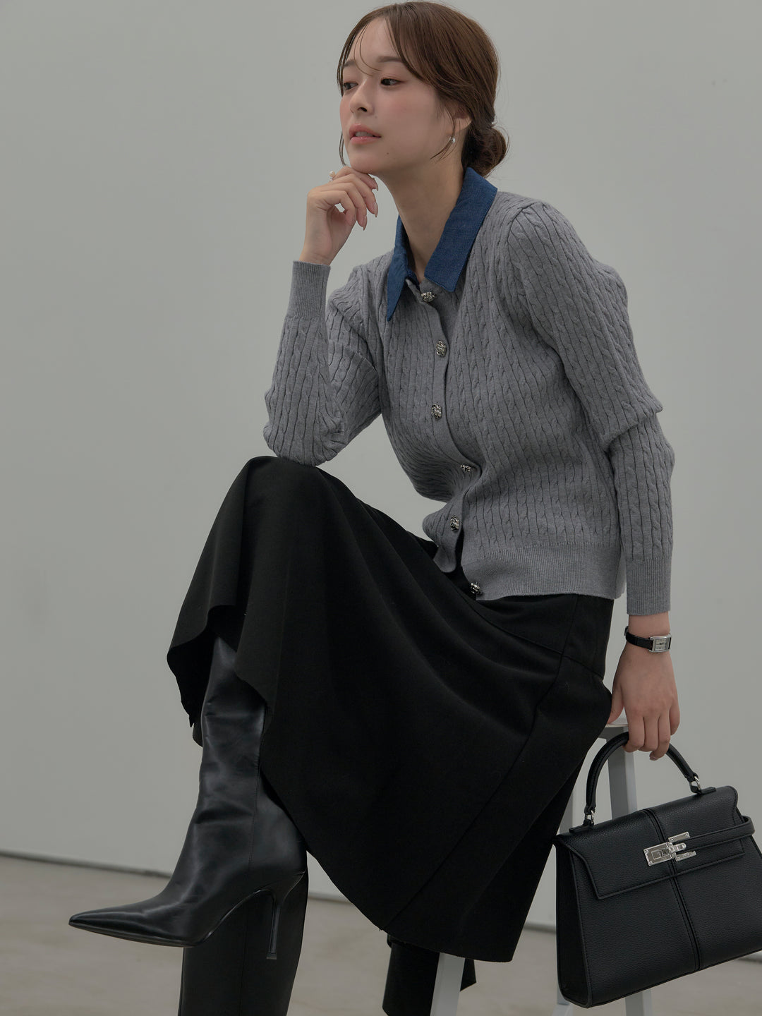 【SET】デニム襟アンティークボタンニットトップス+ミディ丈アシンメトリーフレアスカート(2set)