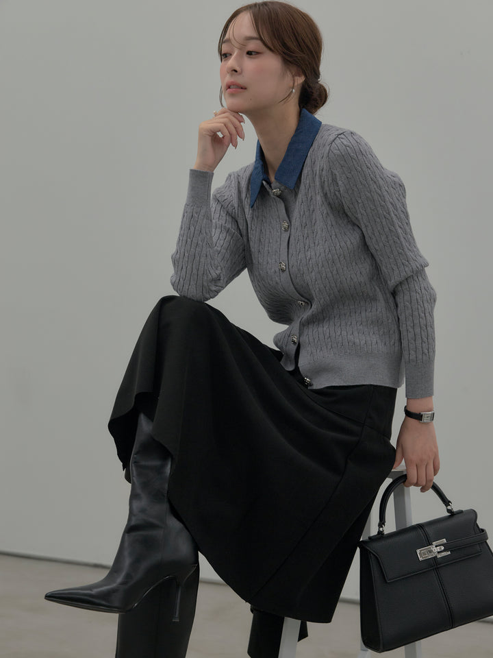 【SET】デニム襟アンティークボタンニットトップス+ミディ丈アシンメトリーフレアスカート(2set)