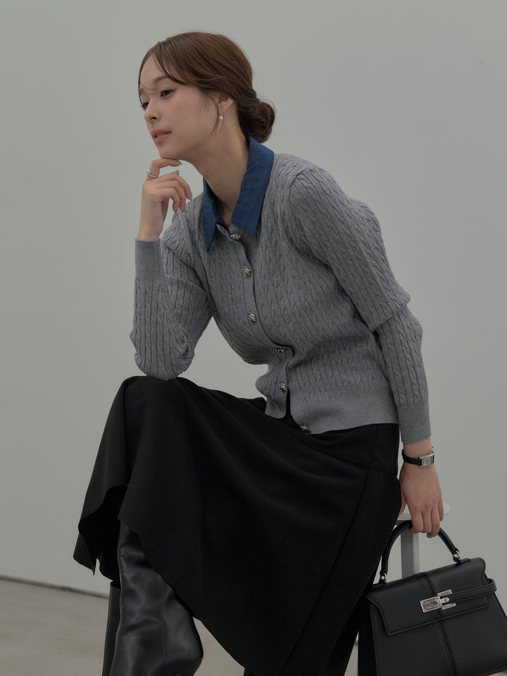 デニム襟アンティークボタンニットトップス