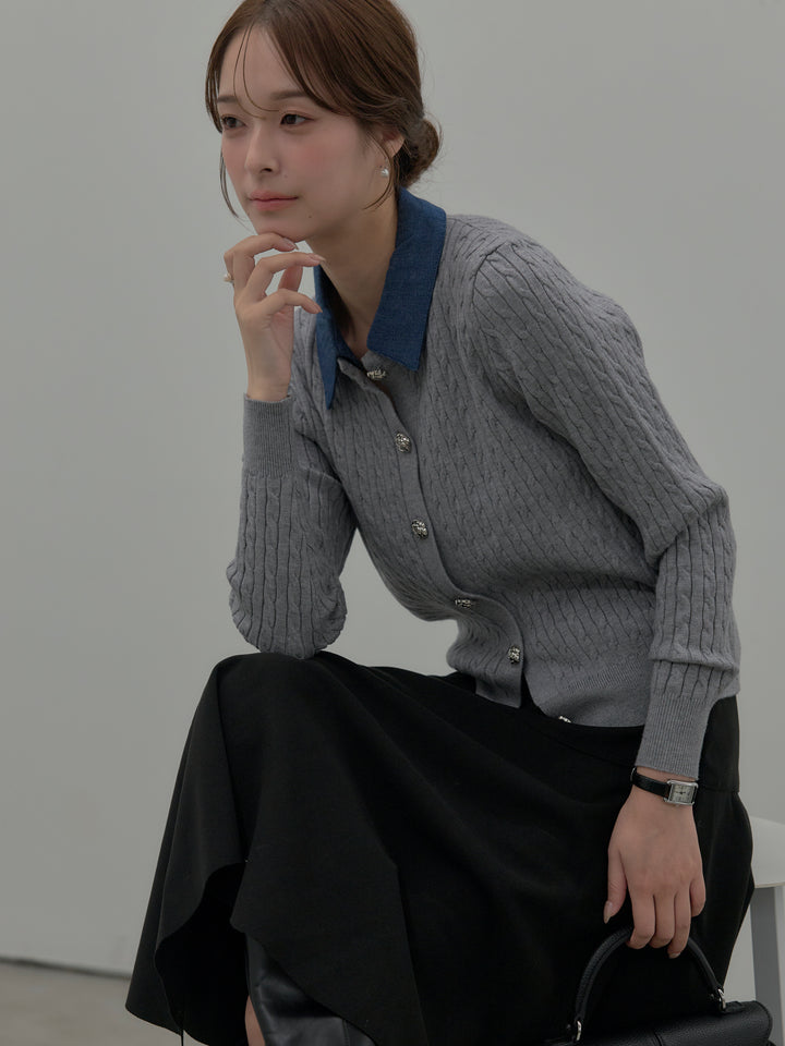 【SET】デニム襟アンティークボタンニットトップス+ミディ丈アシンメトリーフレアスカート(2set)