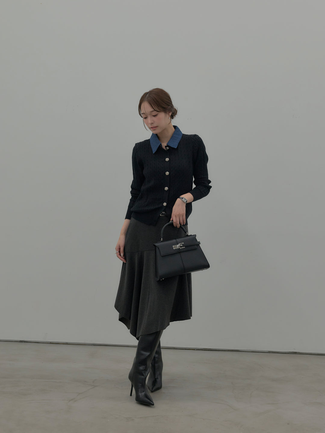 【SET】デニム襟アンティークボタンニットトップス+ミディ丈アシンメトリーフレアスカート(2set)