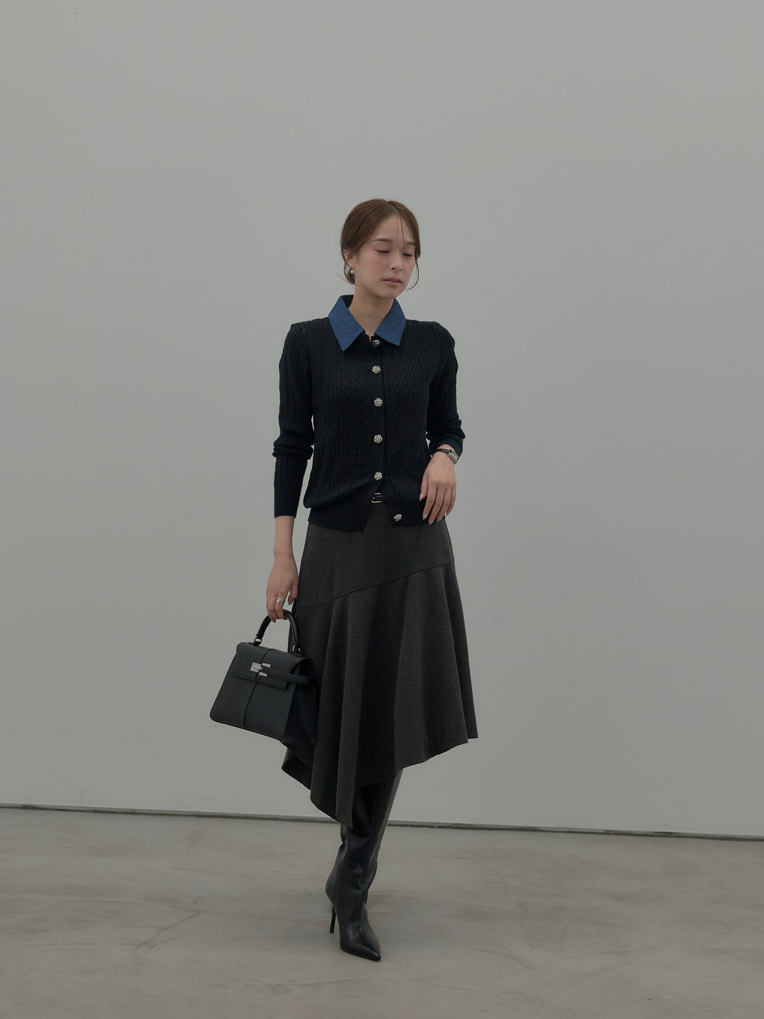 【SET】デニム襟アンティークボタンニットトップス+ミディ丈アシンメトリーフレアスカート(2set)