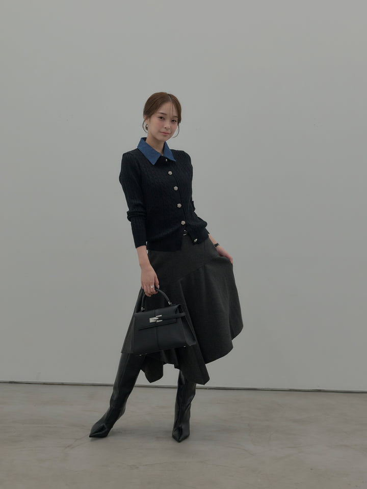 【SET】デニム襟アンティークボタンニットトップス+ミディ丈アシンメトリーフレアスカート(2set)