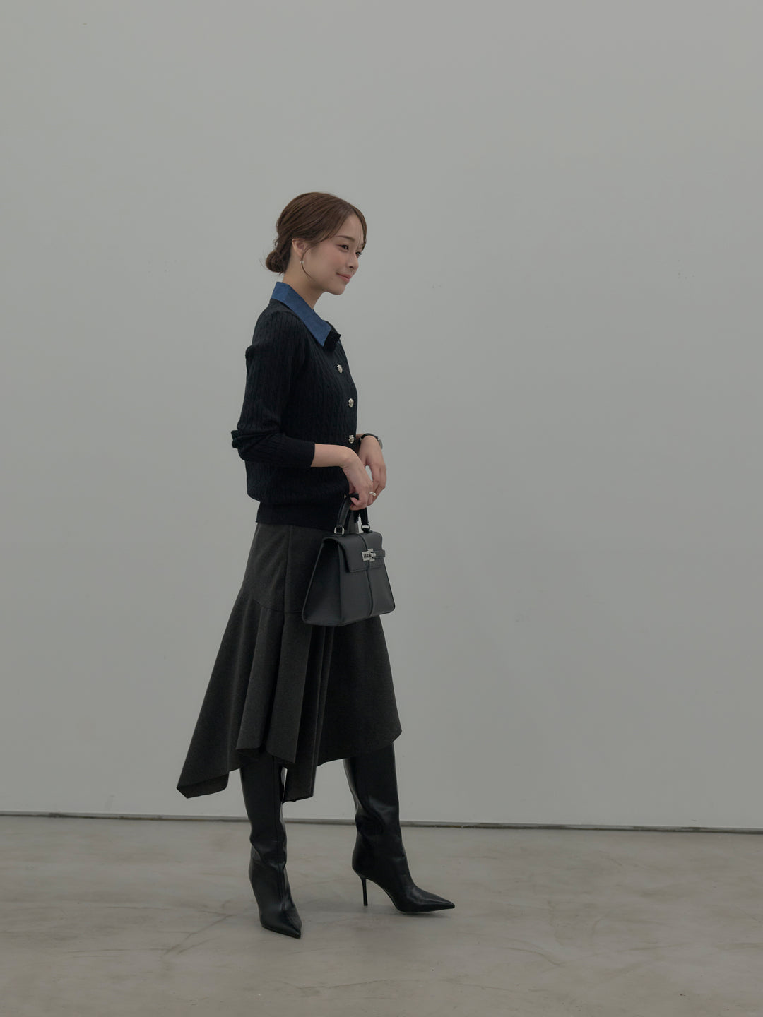 【SET】デニム襟アンティークボタンニットトップス+ミディ丈アシンメトリーフレアスカート(2set)