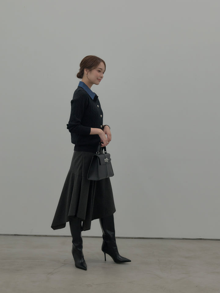 【SET】デニム襟アンティークボタンニットトップス+ミディ丈アシンメトリーフレアスカート(2set)